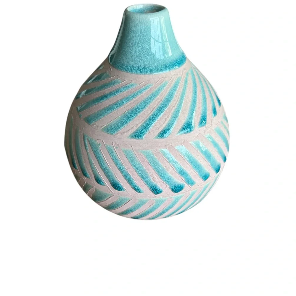 New Pier 1 Turquoise and cream Ceramic Vase